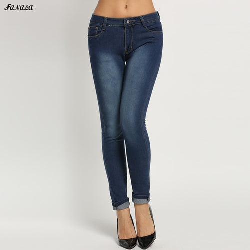 Fanala Autumn Pencil Jeans Woman Blue Denim Pants Fashion Mid Waist Long Zipper Slim Fit Skinny Women Jeans Pants Plus Size